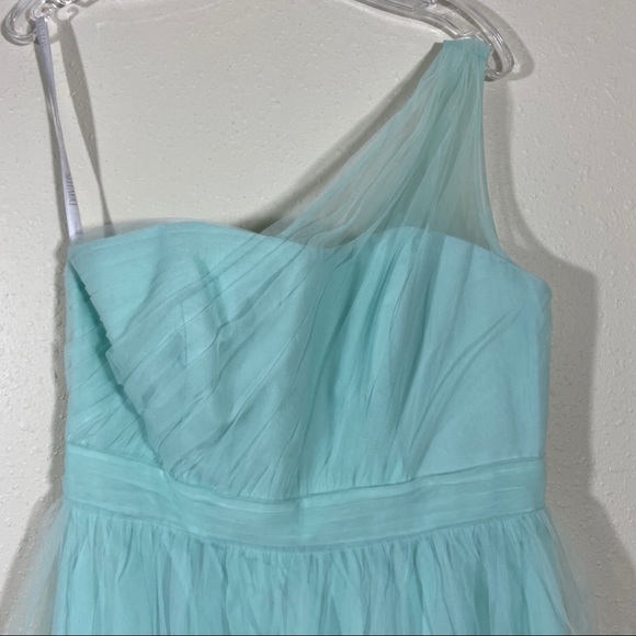 David’s Bridal Dress One Shoulder Fit Flare Dress pleated chest Blue/Green Mini - Picture 4 of 13